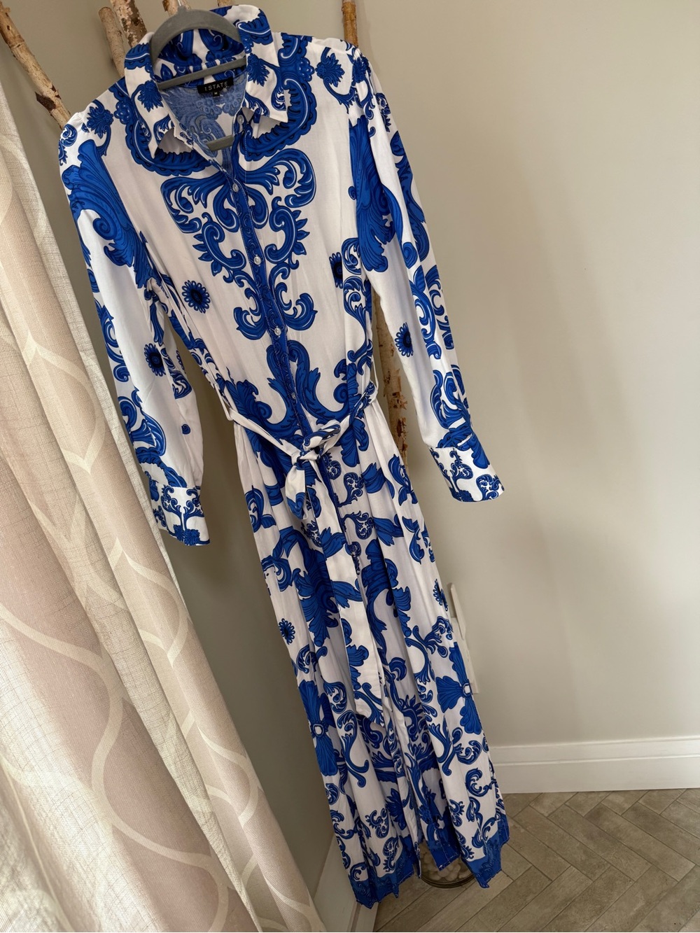 1. State Blue and White Print Maxi Shirt Dress